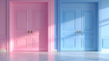 Two doors in a room with pink and blue walls, Generative Ai 