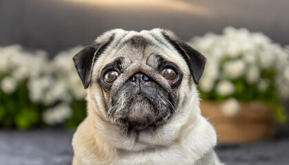 Obraz premium pug dog with gray fur exposing only half of head.