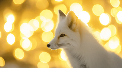Raposa branca isolada e ao fundo luzes amarelas - Papel de parede