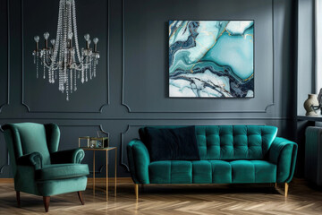 Green sofa and armchair on grey classic wall with marble poster. Art deco interior design of a modern living room.