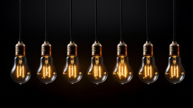 Burning hanging light bulbs on a black background. Electricity, Artificial Light.