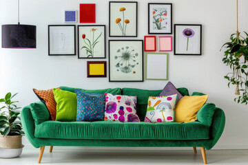 Green sofa with colorful cushions against a white wall with art poster frames