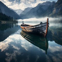 A boat on a calm lake with a reflection of mountains