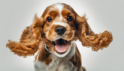 Pure youth crazy. English cocker spaniel young dog is posing. Cute playful white-braun doggy or pet is playing and looking happy isolated on white background. Concept of motion, action, movement - obrazy, fototapety, plakaty