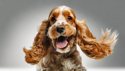 Pure youth crazy. English cocker spaniel young dog is posing. Cute playful white-braun doggy or pet is playing and looking happy isolated on white background. Concept of motion, action, movement