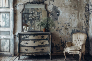 Ancient vintage dresser near dilapidated grunge wall