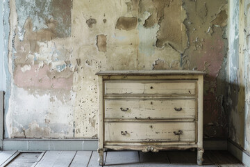 Ancient vintage dresser near dilapidated grunge wall