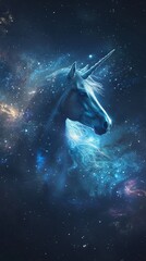 Through the dark canvas of space a unicorn adorned with stars navigates the galaxy its horn piercing through cosmic veils