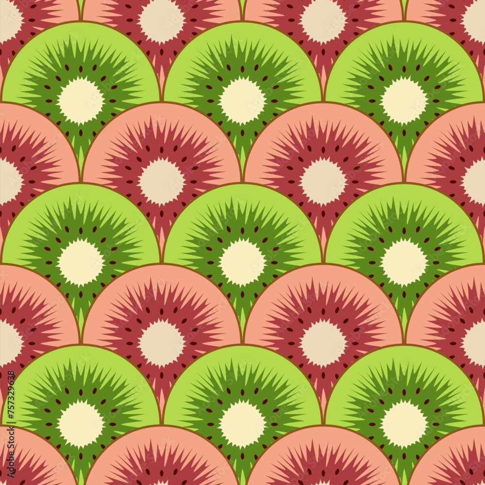 Poster seamless pattern with cut green and red kiwi fruit. vector colorful background.