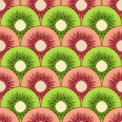 Seamless pattern with cut green and red kiwi fruit. Vector colorful background. - 757329638