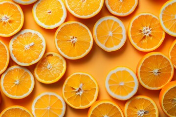 Many orange slices on color background