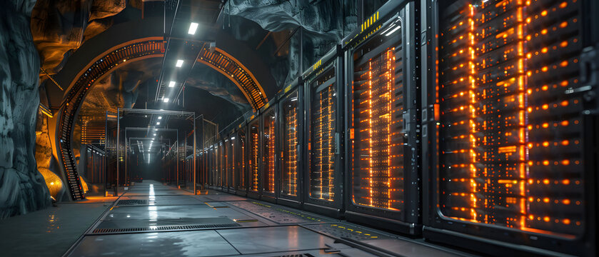 In an adjacent space, a massive isolated vault door lowers into the ground, opening to reveal a climate-controlled clean room. Here, gleaming server towers endlessly crunch blockchain calculations, th
