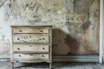 Ancient vintage dresser near dilapidated grunge wall