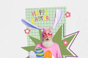 Artwork collage of surprised funky elderly man grandfather wear pink costume easter festival theme...