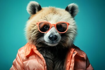 Concept animalier créatif. panda en lunettes de soleil isolé sur fond pastel uni, publicité commerciale, éditorial, surréalisme surréaliste