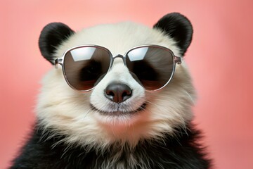Concept animalier créatif. panda en lunettes de soleil isolé sur fond pastel uni, publicité commerciale, éditorial, surréalisme surréaliste - obrazy, fototapety, plakaty