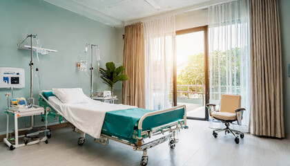 Recovery room with comfortable bed, medical interior, empty hospital room. - obrazy, fototapety, plakaty