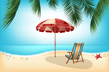 Beach chair on the white sand, red sun umbrella, palm leaves, blue water vector illustration. Tranquil beach scene. Summer vacation holiday concept. Chair and umbrela under palms on the ocean