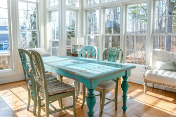 Rustic, vintage furniture, table and chairs of various bright colors in the dining room with large windows.