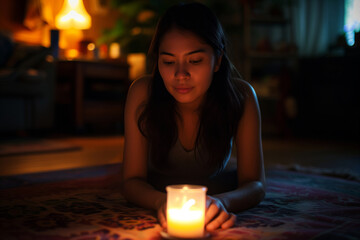 A woman sitting on a carpet looking at a candle