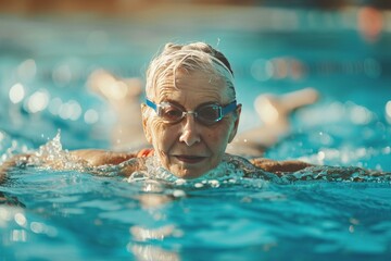 Aged woman swimming pool laps. Swimmer exercise pool motion vitality. Generate Ai