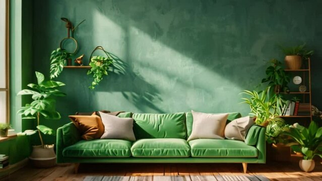 A green sofa is positioned against a white wall in a modern living room as a professional photograph