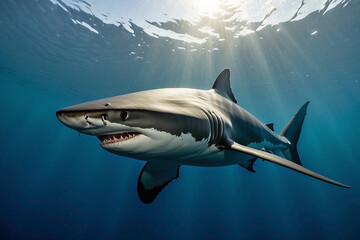 In the silent depths of the ocean's domain, the shark prowls with silent determination, its sleek...