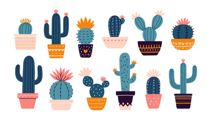 Cactus set. Desert spiny plant, mexico cacti flower and tropical home plants or arizona summer climate garden cactuses.