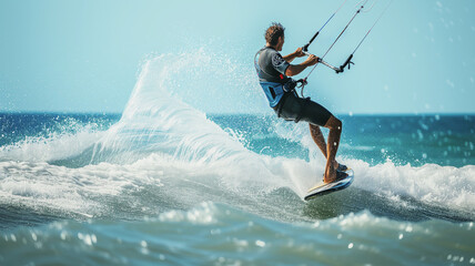 Man practices kitesurfing on the sea
