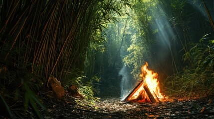 the magic of a bonfire in a mystical bamboo forest, with the flames casting shadows on the slender green stalks and creating an otherworldly atmosphere