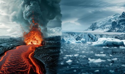 Lava flowing from a volcano on the one hand and icebergs drifting in cold waters on the other