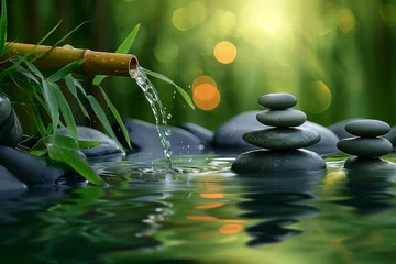 Photo sur Plexiglas Spa Spa still life with bamboo fountain and stones,bamboo spout,spa relax concept,Generative AI