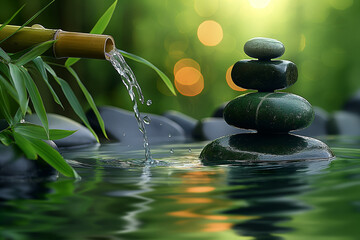 Spa still life with bamboo fountain and stones,bamboo spout,spa relax concept,Generative AI