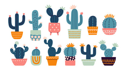 Cactus set. Desert spiny plant, mexico cacti flower and tropical home plants or arizona summer climate garden cactuses.