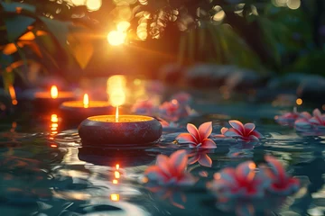 Stickers fenêtre Spa burning candles spreading aroma swimming pool,spa setting outdoor,spa relax concept, Generative AI