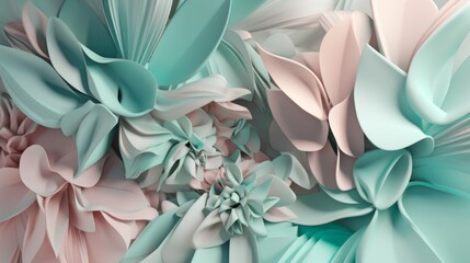 Pastel Blossoms: Soft pastel hues of pale pink and mint green form abstract shapes reminiscent of blooming flower petals, evoking a sense of tranquility and natural beauty.