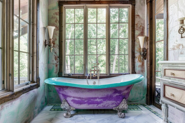 Vintage purple bathtub in the bathroom with large windows