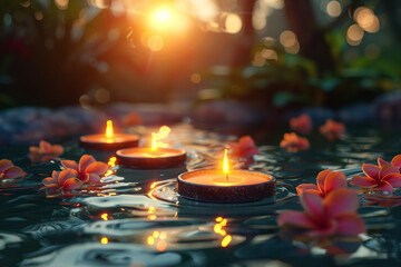 burning candles spreading aroma swimming pool,spa setting outdoor,spa relax concept, Generative AI