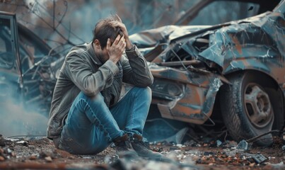 Man involved in an accident sits near a wrecked car, visibly upset and holding his head. - obrazy, fototapety, plakaty