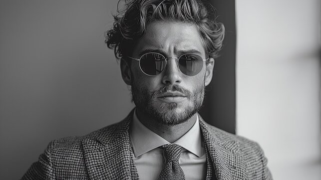 Stylish man in tweed suit and sunglasses. Black and white studio portrait with copy space. Fashion and modern lifestyle concept. Design for magazine covers, brand campaigns, and fashion blogs