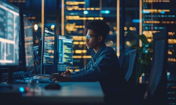 Software developer while debugging code surrounded by the technological infrastructure of a modern office