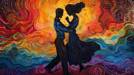 Silhouetted couple dancing elegantly against a stained glass mosaic backdrop with radiant light reflections.