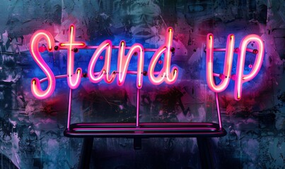 Neon text Stand Up in bright glowing lights on a black background