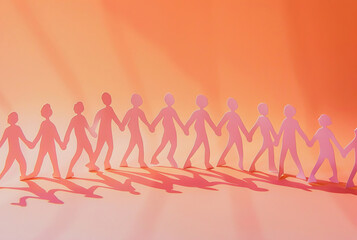 Charity, artwork and cardboard cutout people standing together for support, mental health group and donations. Closeup, mockup and awareness poster or banner for background, wallpaper and design