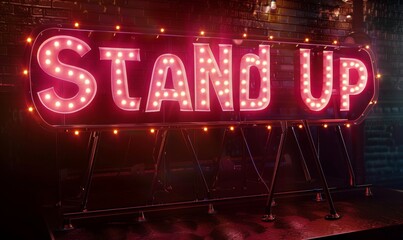 Empty 3D platform for stand-up comedy with falling red Stand Up lettering illuminated by spotlight