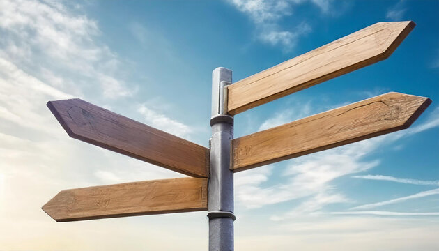 Poste con letreros que indican a 3 diferentes lugares, cielo de fondo 