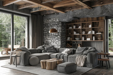 Rustic interior design of modern living room with grey sofas and wooden beams