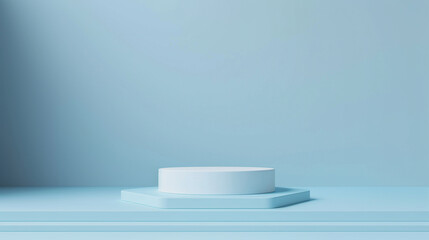 Minimalist geometric podium on a soothing blue background, mockup product template