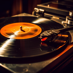A close-up of a vinyl record spinning on a turntable