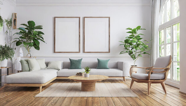 Scandinavian interior poster mock up with horizontal wooden frames, light grey sofa on wooden floor, wooden side table and green plant in living room with white wall. 3d illustrations.